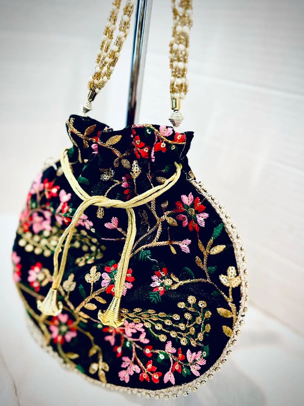 Embroidered Black Floral Design Beaded Potli Bag Prom Wedding Guest Purse
